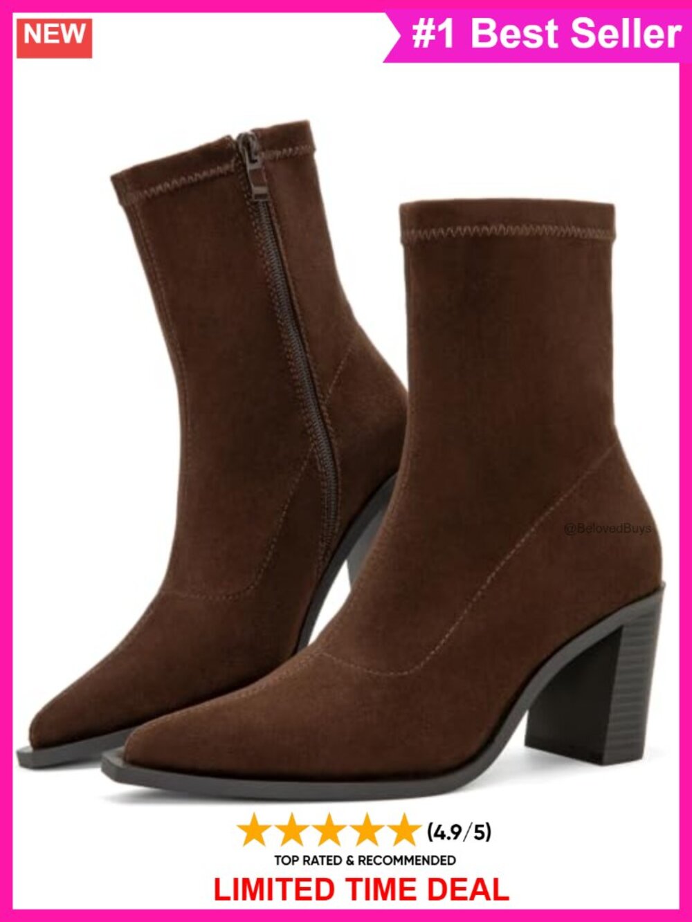 Faux Suede Pointed Toe Ankle Booties Chunky Block Heel Side Zip